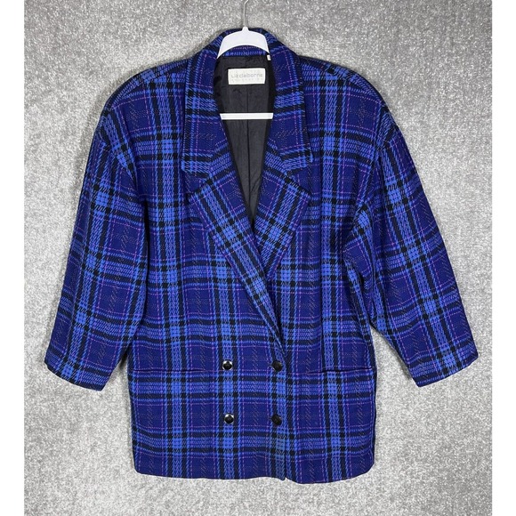 Vintage Liz Claiborne Wool Blend Blue Plaid Double Breasted Blazer Womens Size 8 - Picture 1 of 16